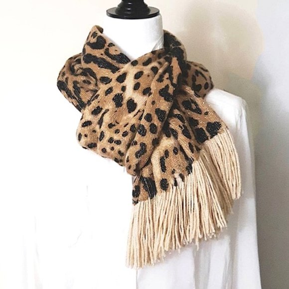 COLLECTION 18 Acrylic Long Scarf Animal Print Beige Black Brown Shimmery Fringe - Picture 2 of 11